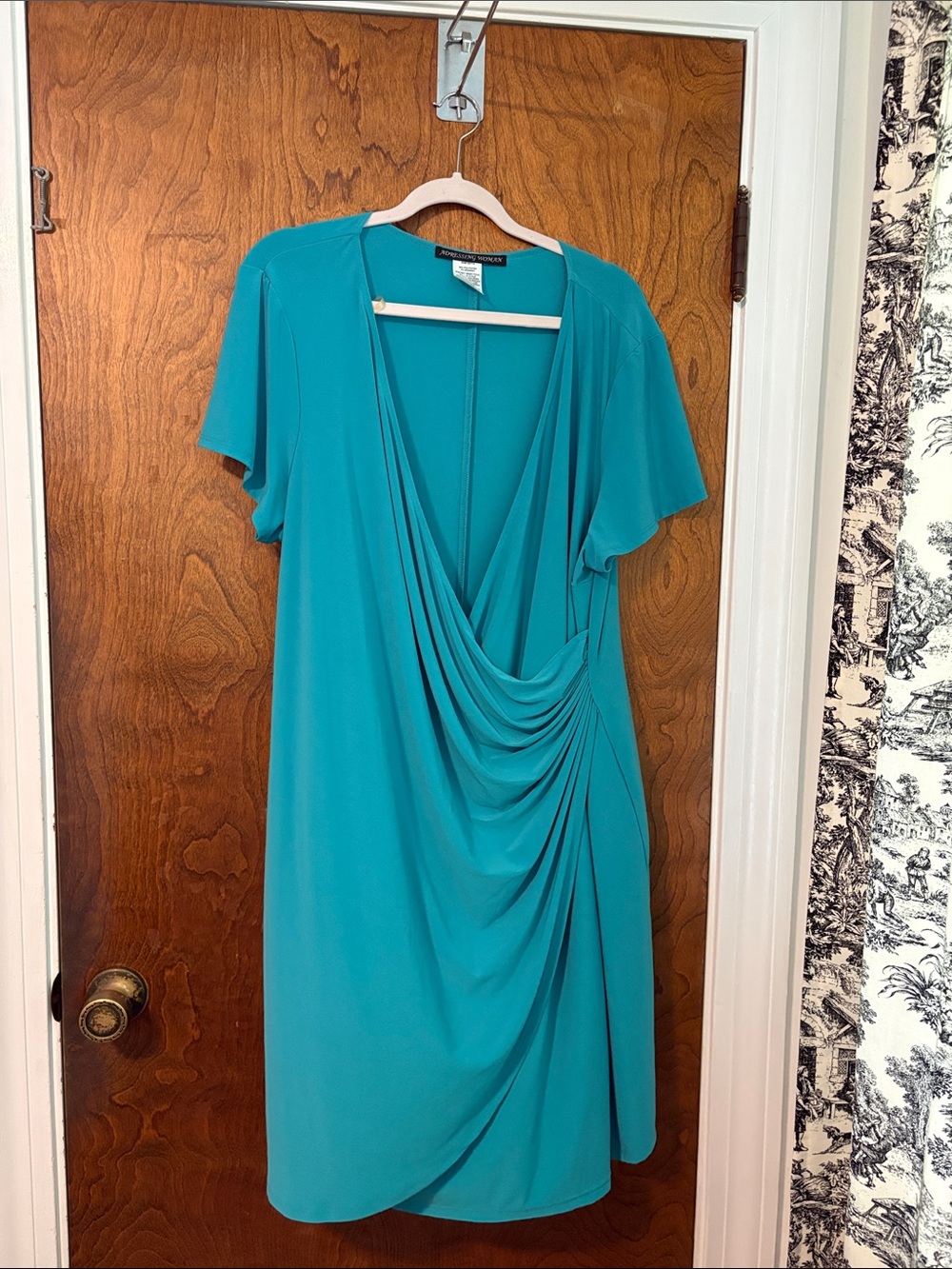 Addressing woman Teal Draped V-Neck Midi Dress